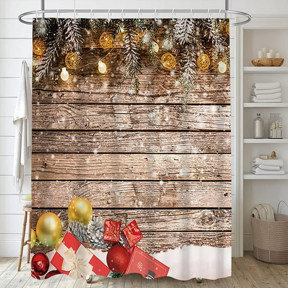 72x72inch Merry Christmas Shower Curtain Decoration Winter Snow Scene Rustic Vintage Brown Wood Planks Xmas Decoration Balls New Year Bathroom Curtain Decor with Hooks