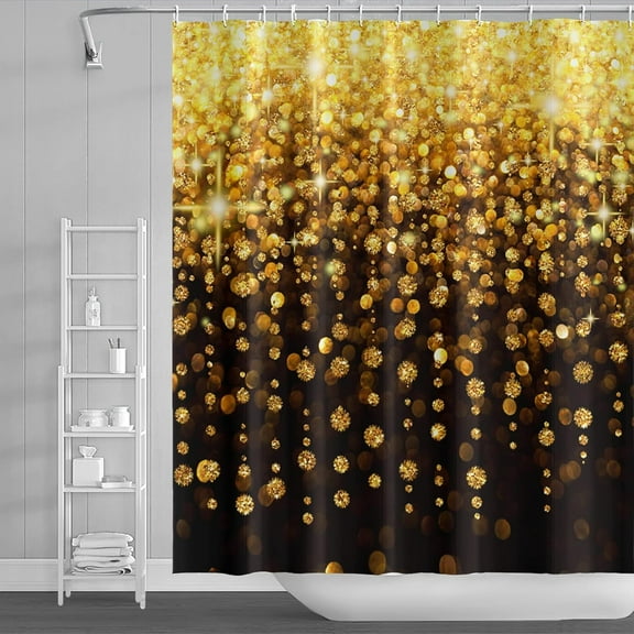72x72inch Sparkling Golden Sequins Shower Curtain Luxury Dreamy Glitter Spots Modern Black and Gold Artwork Bath Curtain for Woman Girly Bathroom Bathtub Liner with Hooks Fabric Polyester