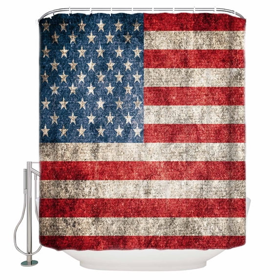 72x78 Inch Shower Curtain American Flag Bathroom Decor Waterproof Fabric Bathtub Bath Curtains Decorative Vintage Blue Red USA Flag Extra Long Shower Curtain Set with Hooks