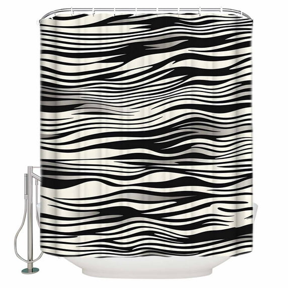 72x78 Inch Shower Curtain Beige Black Stripe Bathroom Decor Waterproof Fabric Bathtub Bath Curtains Decorative Modern Abstract Wave Striped Extra Long Shower Curtain Set with Hooks