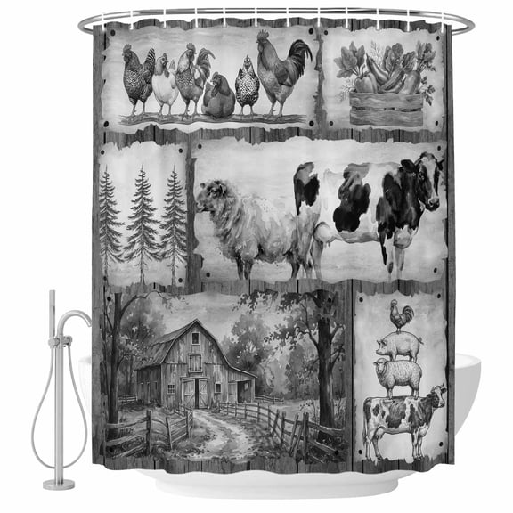 72x78 Inch Shower Curtain Black White Animals Bathroom Decor, Waterproof Fabric Bathtub Bath Curtains Decorative Cow Rooster Trees Vintage Art Extra Long Shower Curtain Set with Hooks