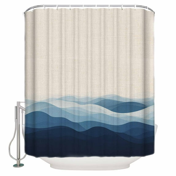 72x78 Inch Shower Curtain Blue Beige Ombre Bathroom Decor Waterproof Fabric Bathtub Bath Curtains Decorative Minimalist Ocean Waves Linen Extra Long Shower Curtain Set with Hooks