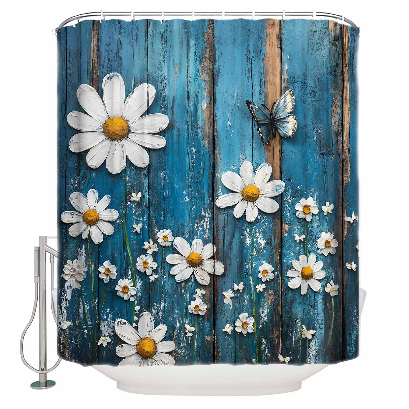 72x78 Inch Shower Curtain Blue Wooden Daisy Bathroom Decor Waterproof ...