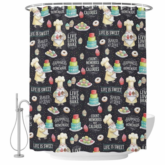72x78 Inch Shower Curtain Cartoon Chef Cakes Bathroom Decor, Waterproof Fabric Bathtub Bath Curtains Decorative Country Funny Food Dessert Black Extra Long Shower Curtain Set with Hooks