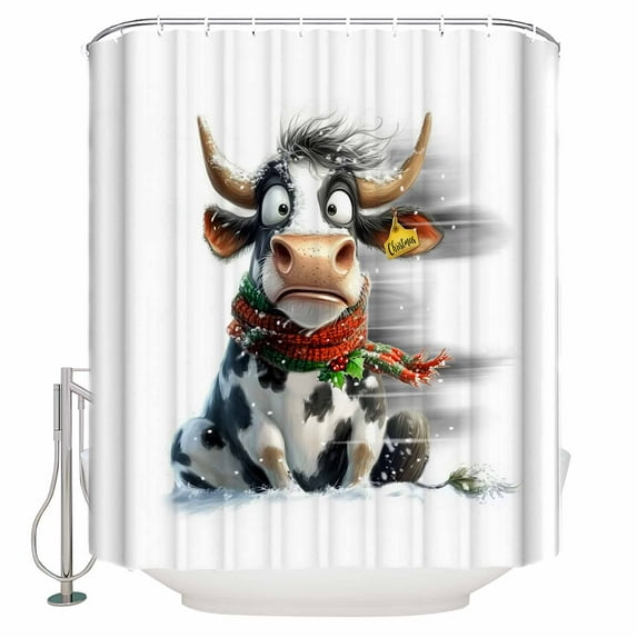 72x78 Inch Shower Curtain Christmas Cow Bathroom Decor Waterproof Fabric Bathtub Bath Curtains Decorative Winter Xmas Funny Animal Berry Pine Needle Extra Long Shower Curtain Set with Hooks