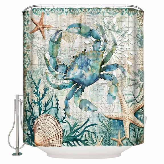 72x78 Inch Shower Curtain Coastal Crab Bathroom Decor Waterproof Fabric Bathtub Bath Curtains Decorative Ocean Coral Starfish Nautical Map Extra Long Shower Curtain Set with Hooks