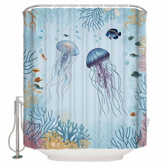 72x78 Inch Shower Curtain Coastal Jellyfish Bathroom Decor Waterproof Fabric Bathtub Bath Curtains Decorative Summer Ocean Nautical Fish Coral Extra Long Shower Curtain Set with Hooks