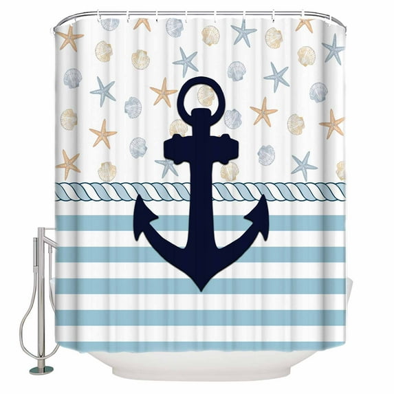72x78 Inch Shower Curtain Coastal Nautical Bathroom Decor Waterproof Fabric Bathtub Bath Curtains Decorative Blue Striped Starfish Shell Beach Extra Long Shower Curtain Set with Hooks