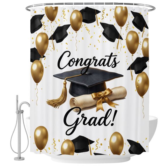 72x78 Inch Shower Curtain Congrats Grad Bathroom Decor, Waterproof Fabric Bathtub Bath Curtains Decorative Graduation Hat Golden Balloons Ribbon Extra Long Shower Curtain Set with Hooks