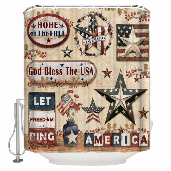 72x78 Inch Shower Curtain Farmhouse 4th of July Bathroom Decor Waterproof Fabric Bathtub Bath Curtains Decorative American Country Star Rustic Extra Long Shower Curtain Set with Hooks