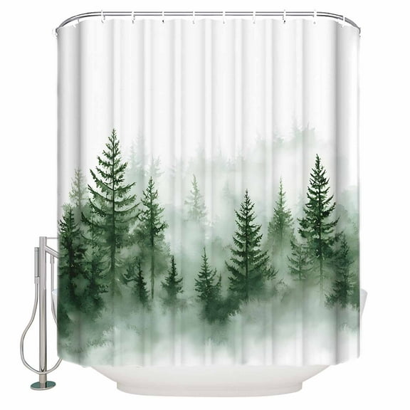 72x78 Inch Shower Curtain Green Foggy Forest Bathroom Decor Waterproof Fabric Bathtub Bath Curtains Decorative Watercolor Mist Mountains Landscape Extra Long Shower Curtain Set with Hooks