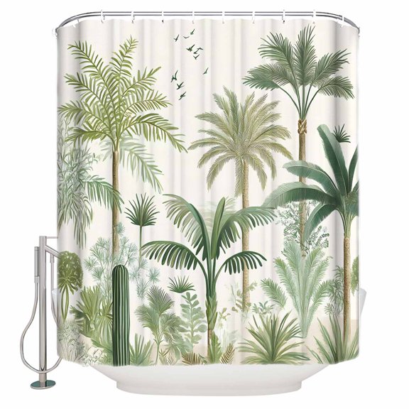72x78 Inch Shower Curtain Green Palm Trees Bathroom Decor Waterproof Fabric Bathtub Bath Curtains Decorative Farmhouse Summer Leaves Plants Birds Extra Long Shower Curtain Set with Hooks