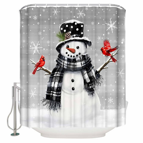 72x78 Inch Shower Curtain Grey Snowman Christmas Bathroom Decor Waterproof Fabric Bathtub Bath Curtains Decorative Xmas Snowflake Birds Extra Long Shower Curtain Set with Hooks