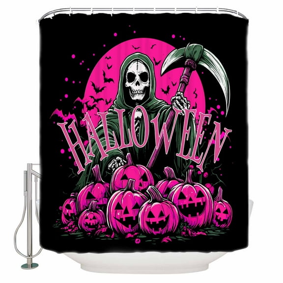 72x78 Inch Shower Curtain Halloween Bathroom Decor Waterproof Fabric Bathtub Bath Curtains Decorative Spooky Skeleton Pumpkin Bat Moon Pink Extra Long Shower Curtain Set with Hooks