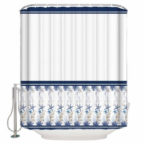 72x78 Inch Shower Curtain Navy Blue Coastal Bathroom Decor Waterproof Fabric Bathtub Bath Curtains Decorative Summer Beach Starfish Striped Nautical Extra Long Shower Curtain Set with Hooks