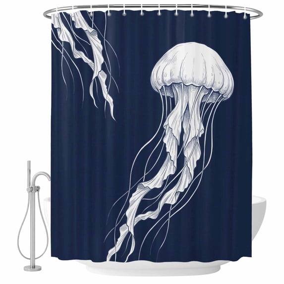 72x78 Inch Shower Curtain Navy Blue Jellyfish Coastal Bathroom Decor, Waterproof Fabric Bathtub Bath Curtains Decorative Nautical Summer Ocean Seaside Extra Long Shower Curtain Set with Hooks