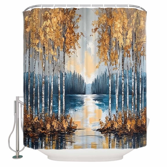 72x78 Inch Shower Curtain Oil Painted Bathroom Decor Waterproof Fabric Bathtub Bath Curtains Decorative Blue Yellow Tree Impressionist Forest Extra Long Shower Curtain Set with Hooks