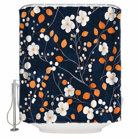 72x78 Inch Shower Curtain Orange Flower Bathroom Decor Waterproof Fabric Bathtub Bath Curtains Decorative White Spring Pastoral Floral Navy Blue Extra Long Shower Curtain Set with Hooks