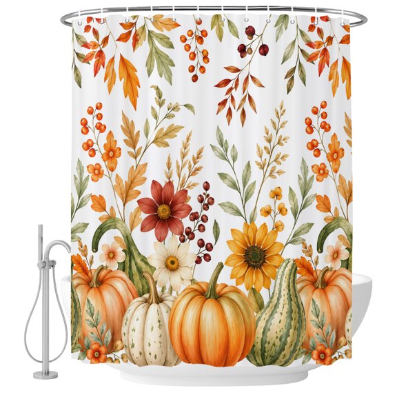 72x78 Inch Shower Curtain Orange Green Fall Bathroom Decor, Waterproof Fabric Bathtub Bath Curtains Decorative Thanksgiving Leaf Pumpkins Botanical Extra Long Shower Curtain Set with Hooks