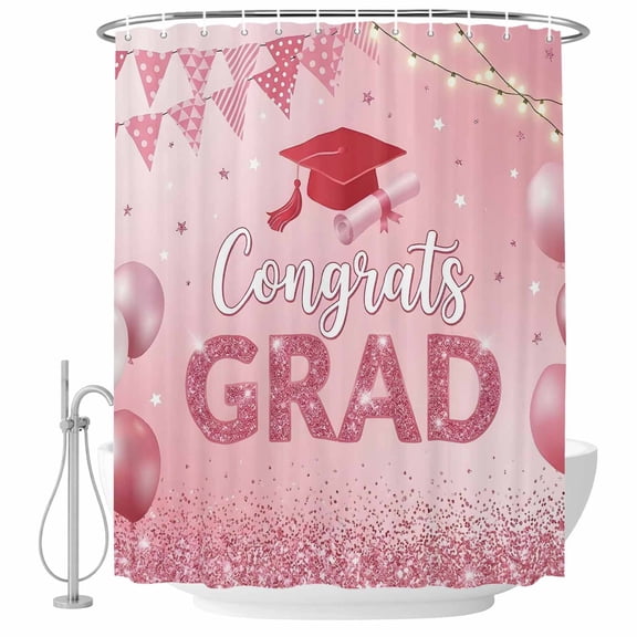 72x78 Inch Shower Curtain Pink Graduation Bathroom Decor, Waterproof Fabric Bathtub Bath Curtains Decorative Modern Art Funny Words Extra Long Shower Curtain Set with Hooks