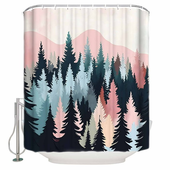 72x78 Inch Shower Curtain Pink Mountain Bathroom Decor Waterproof Fabric Bathtub Bath Curtains Decorative Modern Geometric Forest Trees Silhouette Extra Long Shower Curtain Set with Hooks