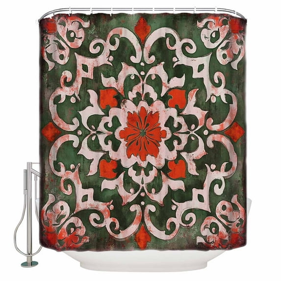 72x78 Inch Shower Curtain Red Green Flowers Bathroom Decor Waterproof Fabric Bathtub Bath Curtains Decorative Retro Floral Petal Abstract Art Extra Long Shower Curtain Set with Hooks