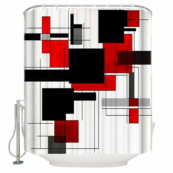 72x78 Inch Shower Curtain Red Grey Black Bathroom Decor Waterproof Fabric Bathtub Bath Curtains Decorative Irregular Modern Geometric Abstract Extra Long Shower Curtain Set with Hooks