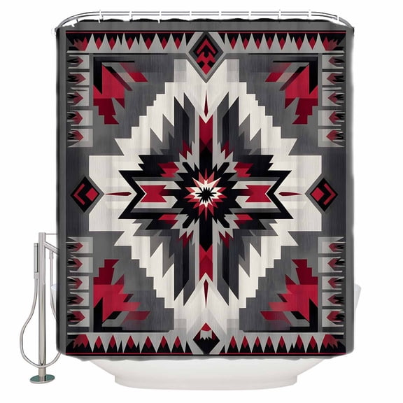 72x78 Inch Shower Curtain Red Grey Boho Bathroom Decor Waterproof Fabric Bathtub Bath Curtains Decorative Geometric Ethnic Abstract Retro Extra Long Shower Curtain Set with Hooks