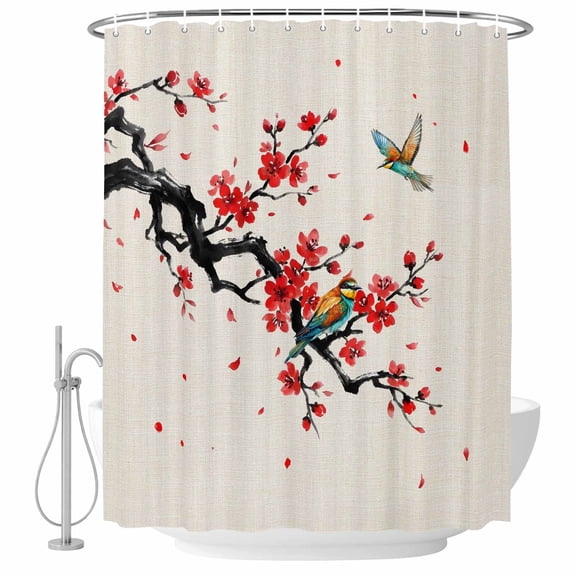72x78 Inch Shower Curtain Red Spring Floral Bathroom Decor, Waterproof Fabric Bathtub Bath Curtains Decorative Birds Branches Watercolor Flowers Rustic Extra Long Shower Curtain Set with Hooks