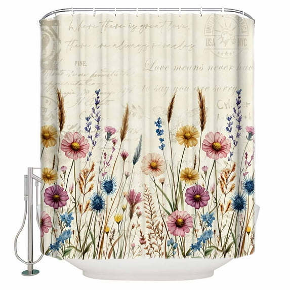 72x78 Inch Shower Curtain Spring Flower Bathroom Decor Waterproof Fabric Bathtub Bath Curtains Decorative Vintage Pastoral Botanical Floral Leaves Extra Long Shower Curtain Set with Hooks