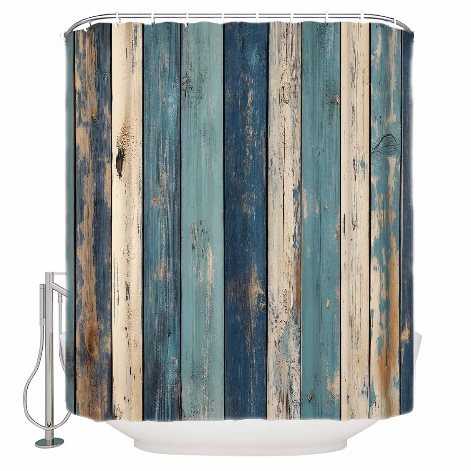 72x78 Inch Shower Curtain Teal Beige Stripe Bathroom Decor Waterproof Fabric Bathtub Bath Curtains Decorative Farmhouse Vintage Wooden Grain Extra Long Shower Curtain Set with Hooks