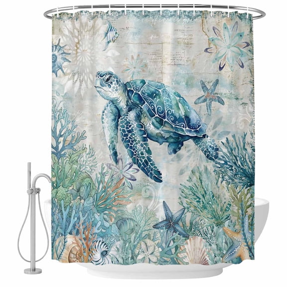 72x78 Inch Shower Curtain Teal Turtle Coastal Bathroom Decor, Waterproof Fabric Bathtub Bath Curtains Decorative Summer Beach Coral Nautical Ocean Extra Long Shower Curtain Set with Hooks