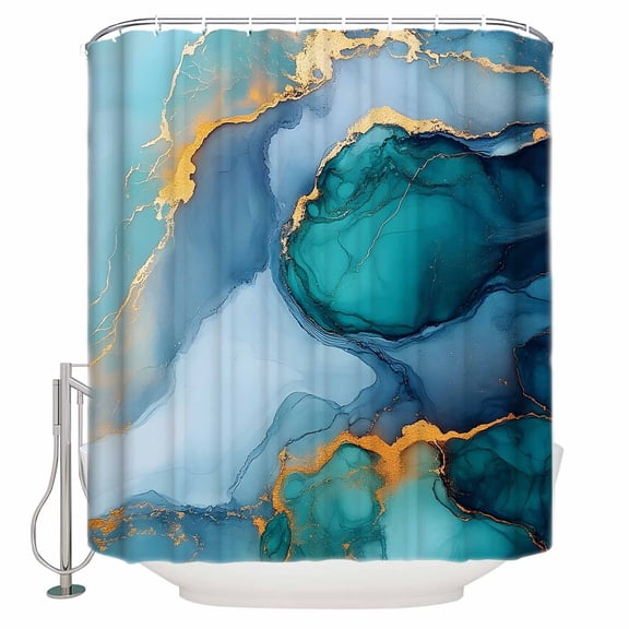 72x78 Inch Shower Curtain Turquoise Gold Bathroom Decor Waterproof Fabric Bathtub Bath Curtains Decorative Modern Teal Blue Marble Textured Extra Long Shower Curtain Set with Hooks