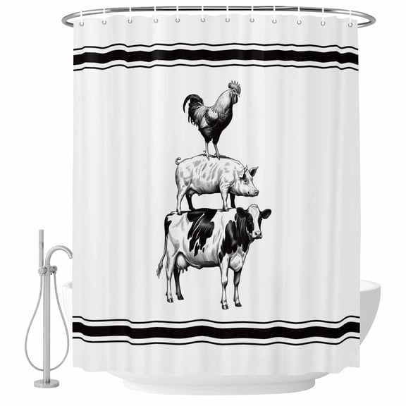72x78 Inch Shower Curtain Vintage Animals Bathroom Decor, Waterproof Fabric Bathtub Bath Curtains Decorative Pig Rooster Cow Retro Art Extra Long Shower Curtain Set with Hooks