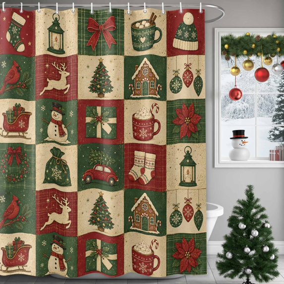 72x78 Inch Shower Curtain Vintage Checkered Christmas Bathroom Decor, Waterproof Fabric Bathtub Bath Curtains Decorative Xmas Tree Snowflake Truck Extra Long Shower Curtain Set with Hooks