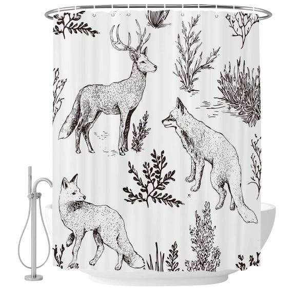72x78 Inch Shower Curtain Vintage Elk Fox Bathroom Decor, Waterproof Fabric Bathtub Bath Curtains Decorative Rustic Black White Simple Drawn Grass Extra Long Shower Curtain Set with Hooks