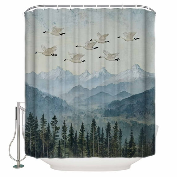72x78 Inch Shower Curtain Watercolor Landscape Bathroom Decor Waterproof Fabric Bathtub Bath Curtains Decorative Retro Geese Forest Mountain Extra Long Shower Curtain Set with Hooks