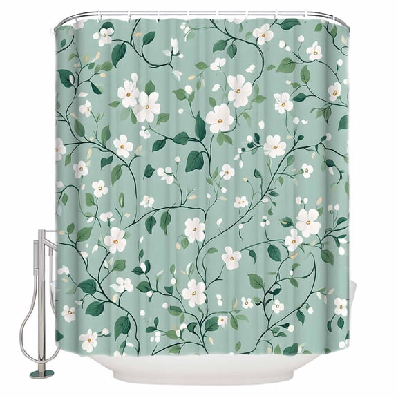 72x78 Inch Shower Curtain White Teal Spring Floral Bathroom Decor Waterproof Fabric Bathtub Bath Curtains Decorative Watercolor Flowers Summer Botanical Extra Long Shower Curtain Set with Hooks