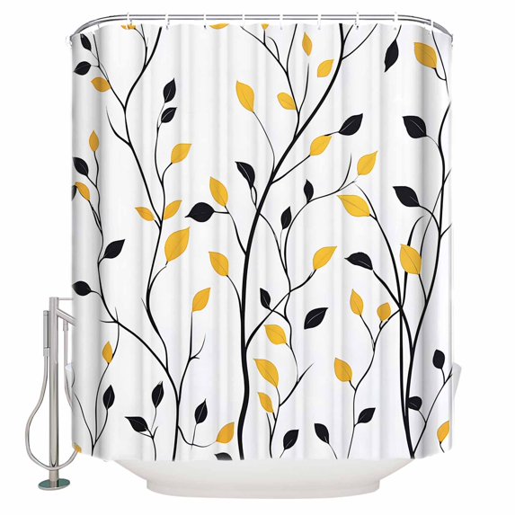72x78 Inch Shower Curtain Yellow Black Leaves Bathroom Decor Waterproof Fabric Bathtub Bath Curtains Decorative Pastoral Branches Botanical Extra Long Shower Curtain Set with Hooks