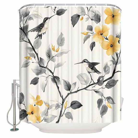 72x78 Inch Shower Curtain Yellow Grey Spring Floral Bathroom Decor Waterproof Fabric Bathtub Bath Curtains Decorative Summer Botanical Birds Extra Long Shower Curtain Set with Hooks
