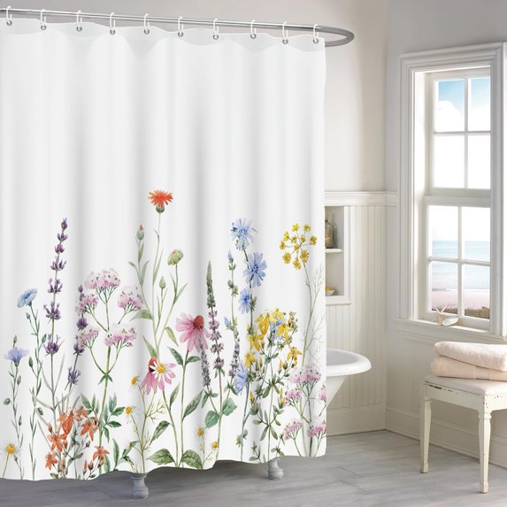 72x78 Inches Watercolor Floral Shower Curtain Colorful Wildflower Botanical Leaves Flower Shower Curtains for Bathroom Decor Plant Bathtub Curtain Waterproof Polyester Fabric with Hooks