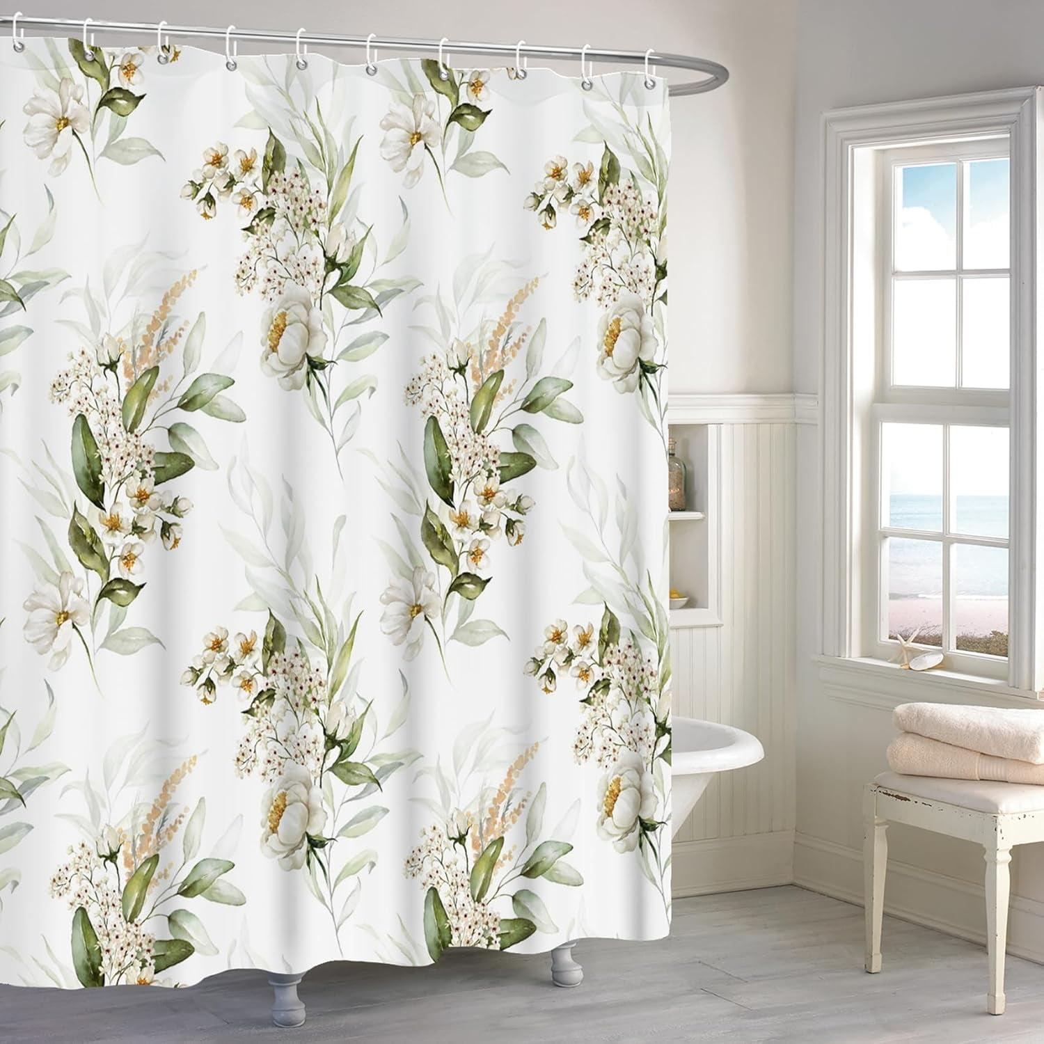 72x80 Inches Watercolor Floral Shower Curtain White Flowers Eucalyptus Leaves Botanical Leaf Nature Plant Fabric Shower Curtains for Bathroom Decor Waterproof Polyester with Hooks