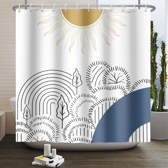 72x84 Inch Abstract Trees Shower Curtain Burning Sun Mountain Trees Forest Minimalist Art Line Shower Curtain Modern Bathroom Decor Polyester Fabric Cloth Waterproof Set with Hooks