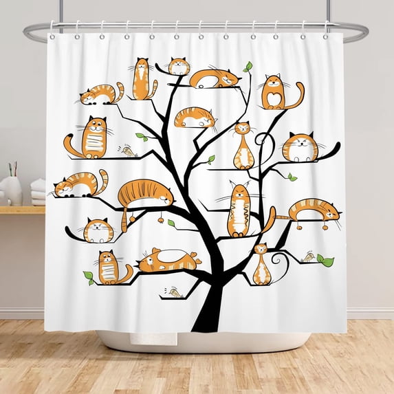72x84 Inch Cute Cat Shower Curtain for Kids Baby Cartoon Animals Funny Cats on Tree Shower Curtain for Bathroom Decor Fabric Polyester Waterproof Washable Accessories with Hooks