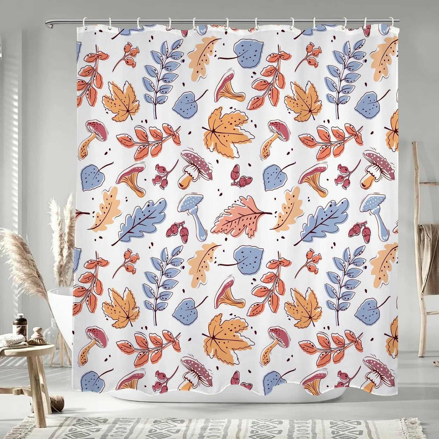Fall Cat & Maple Leaves Shower Curtain - 70x70 Inch, Funny Autumn Bathroom Decor