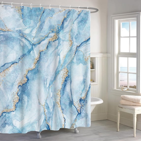 72x84 Inches Blue Gold Marble Shower Curtain Abstract Golden Glitter Watercolor Crack Lines Texture Modern Ink Art Shower Curtains for Bathroom Decor Polyester Fabric Waterproof with Hooks