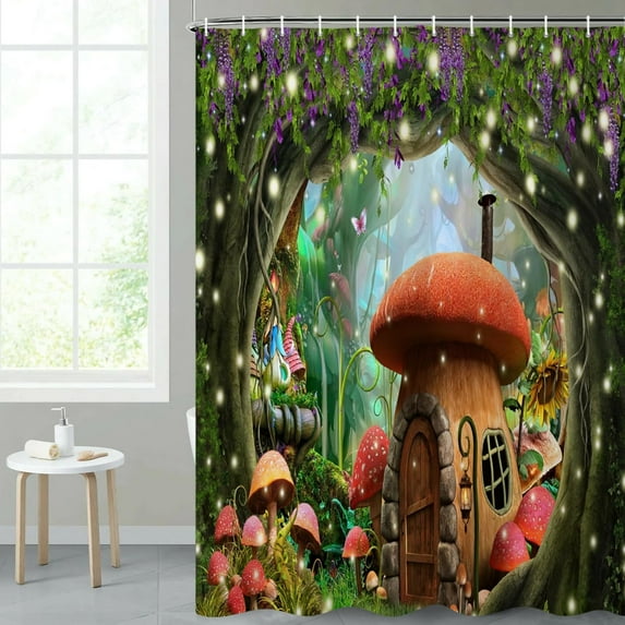 72x84 Inches Enchanted Forest Shower Curtain for Bathroom Cartoon Magic Mushroom House Fairy Tale Fantasy Wonderland Jungle Shower Curtains Bathtub Curtains Decor Waterproof with Hooks