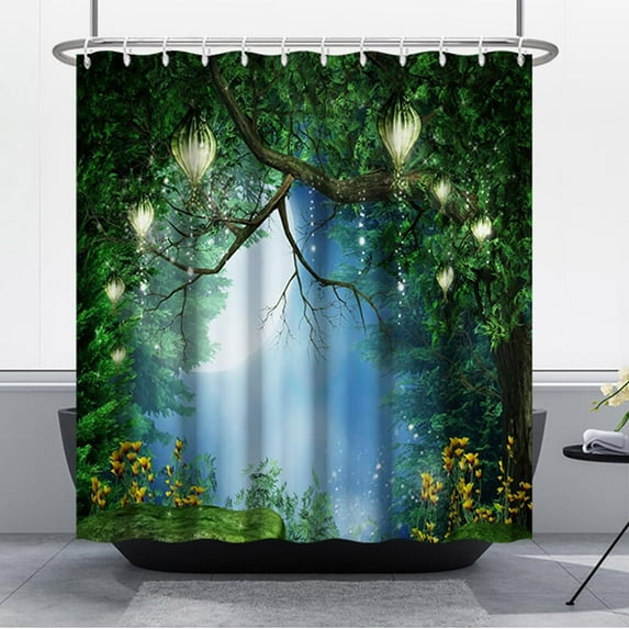72x84 Inches Enchanted Forest Shower Curtain Fairy Tales Magic Tree Full Moon Lanterns Jungle Fantasy Wonderland Shower Curtains for Bathroom Decor Waterproof Polyester with Hooks