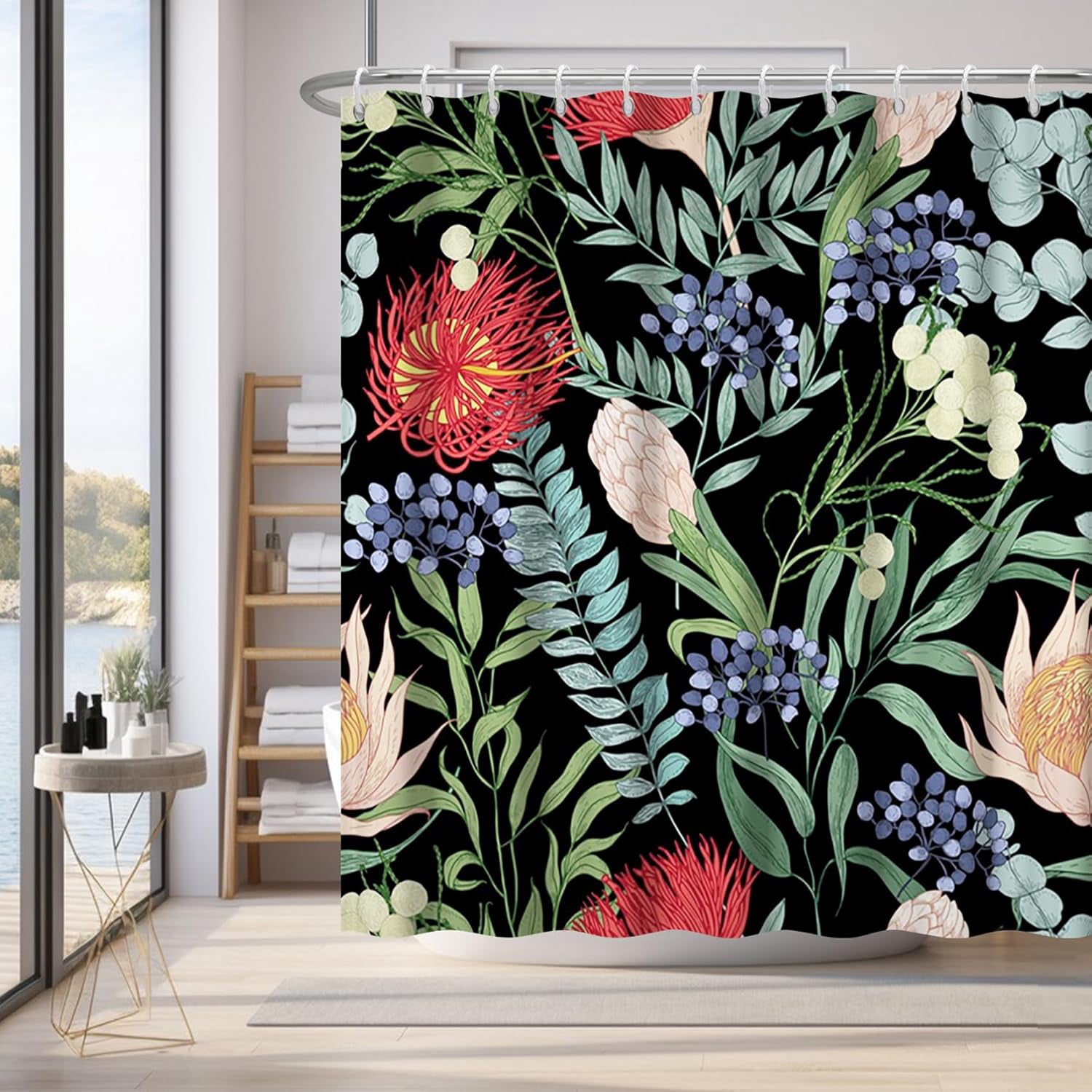 Farmhouse Floral Dragonfly Shower Curtain - Colorful Wildflower Bathroom Decor 71x71 Inches - View #9