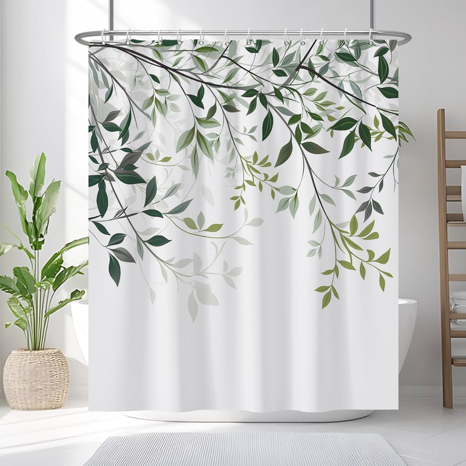 72x84 Inches Green Leaves Shower Curtain Watercolor Abstract Leaf Branch Nature Plant Bath Curtain Botanical Fabric Shower Curtain for Bathroom Decor Set Polyester Waterproof with Hooks